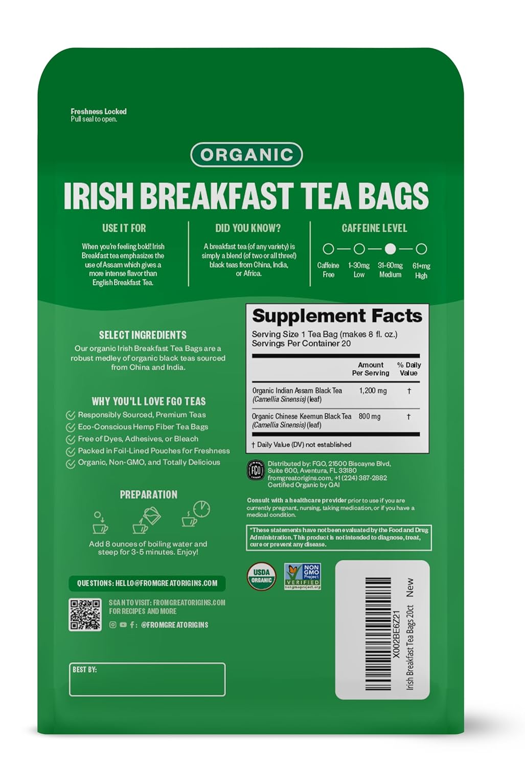 FGO Organic Nettle Leaf Tea, 100 Count, Eco-Conscious Tea Bags, Caffeine Free, Resealable Bag, Packaging May Vary (Pack of 1)