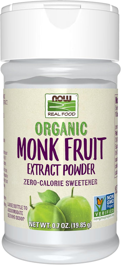NOW Foods, Certified Organic Monk Fruit Extract Powder, Zero Calorie Sweetener, Large Bottle for Serving Scoop, Certified Non-GMO, 0.7-Ounce