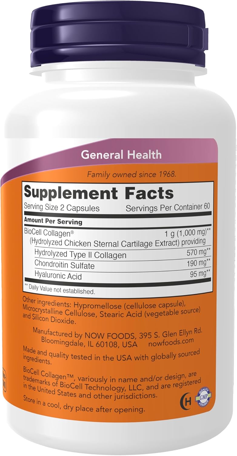 NOW Foods Supplements, BioCell Collagen® Hydrolyzed Type II, Clinically Validated, 120 Veg Capsules