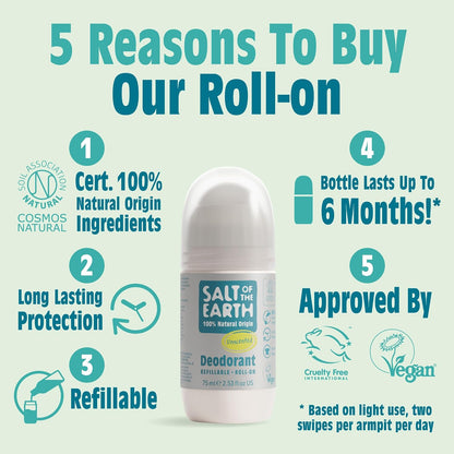 Salt Of the Earth Refillable Natural Deodorant Roll On Unscented - Effective Protection, 100% Natural, Eco friendly, Vegan, Suitable for Women, Men & Kids - 75ml