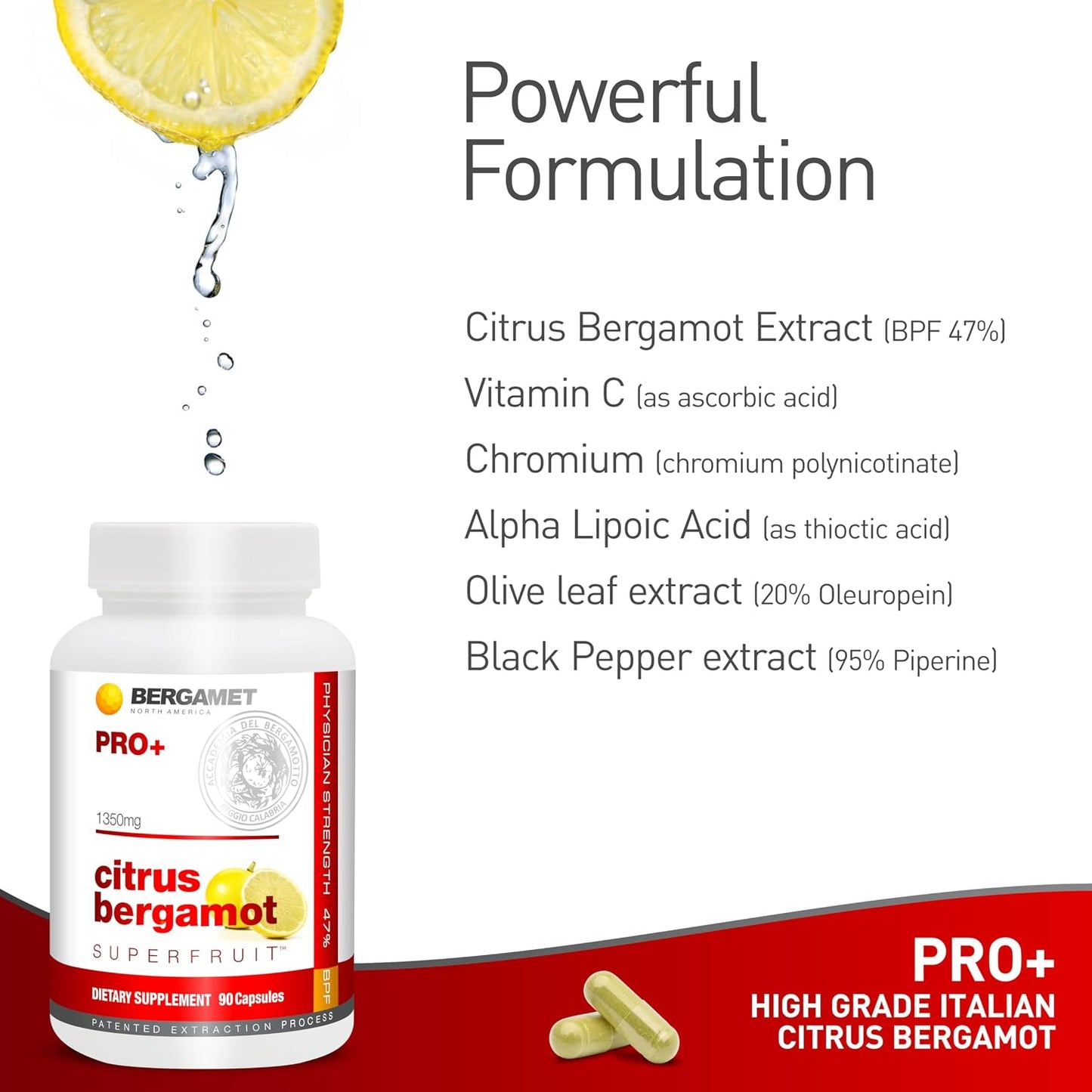 BergaMet Citrus Bergamot SuperFruit PRO+ Supplement, 200:1 Extract, 1350mg, 80% Polyphenols, Olive Leaf Extract, 47% BPF, World's Strongest, 90 Capsules, 1 Month, Made in the USA
