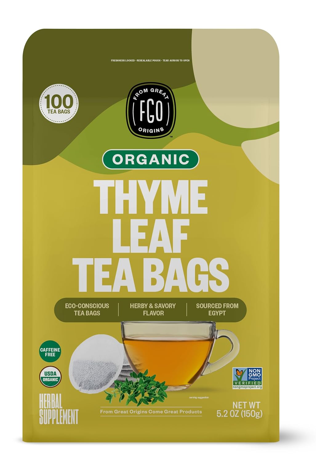 FGO Organic Nettle Leaf Tea, 100 Count, Eco-Conscious Tea Bags, Caffeine Free, Resealable Bag, Packaging May Vary (Pack of 1)