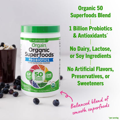 Orgain Organic Greens Powder + 50 Superfoods, Original - 1 Billion Probiotics for Digestive Health, Antioxidants, Vegan, Plant-Based, Gluten-Free, Non-GMO, Green Juice & Smoothie Drink Mix - 0.62lb