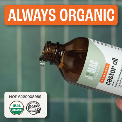 J MAC BOTANICALS Organic Castor Oil Cold Pressed in Amber Glass Bottle (4oz, NO DROPPER) USDA Certified, Hexane Free - Moisturizing Oil for Hair, Skin, Face, Eyelashes, Brows, Nails, and Castor Wraps