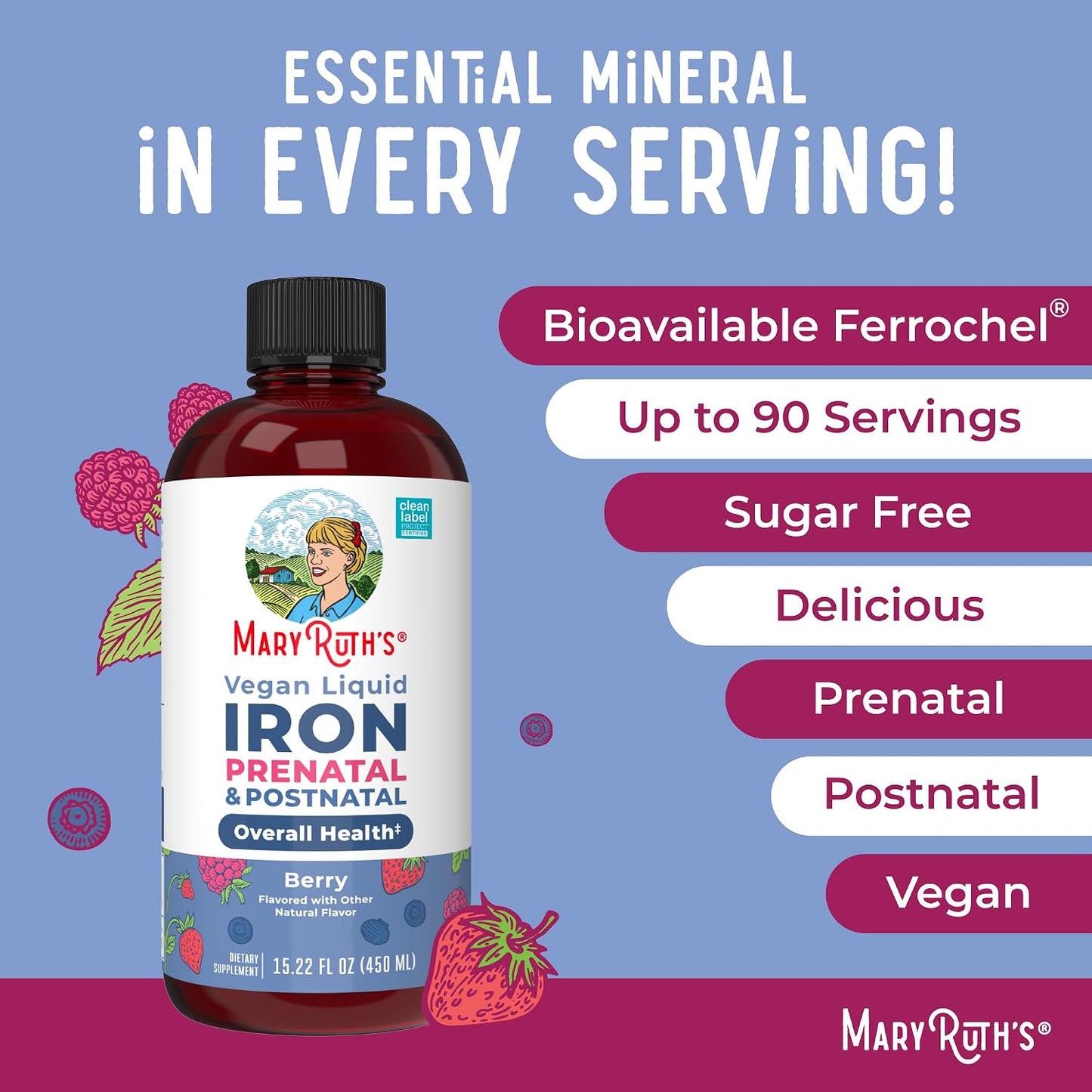 Iron Supplement Prenatal & Postnatal | Liquid Iron Supplement for Pregnant & Lactating | Iron Supplement for Iron Deficiency | Immune Support | Sugar Free | Vegan | Non-GMO | Gluten Free | 15.22 Fl Oz