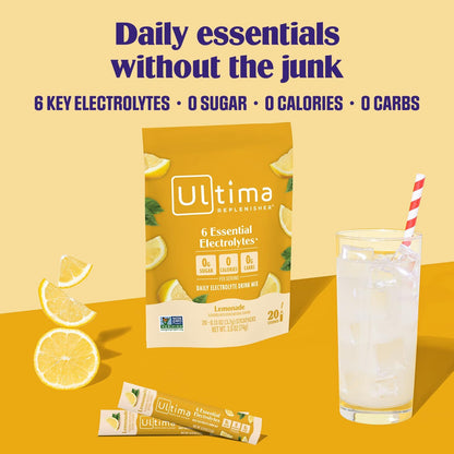 Ultima Replenisher Hydration Electrolyte Packets- 20 Count- Keto & Sugar Free- On the Go Convenience- Feel Replenished, Revitalized- Non-GMO & Vegan Electrolyte Drink Mix- Lemonade