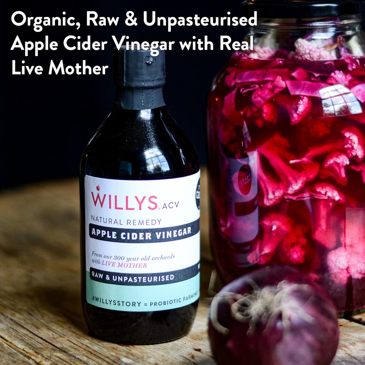 WILLY'S Apple Cider Vinegar with Live Mother - Probiotics For Detox & Gut Health - 1L Glass Bottle - Sustainable ACV (Packaging may vary)