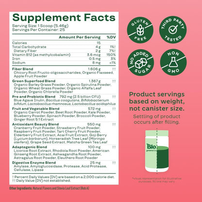 Bloom Nutrition Greens and Superfoods Powder for Digestive Health, Greens Powder, Digestive Enzymes, Probiotics, Spirulina, Chlorella for Bloating & Gut Support, Green Juice, 30 SVG, Strawberry Kiwi