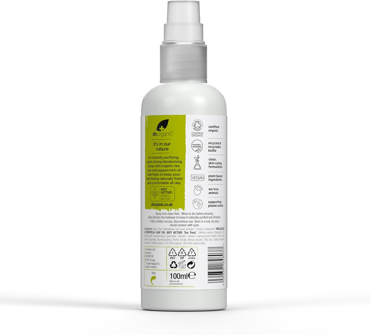 Dr Organic Tea Tree Foot Spray, Deodorising, Cleansing, Quick-Drying, Aluminium Free, with Natural Peppermint Oil, Vegan, Cruelty Free, Paraben & SLS Free, Certified Organic, 100 ml