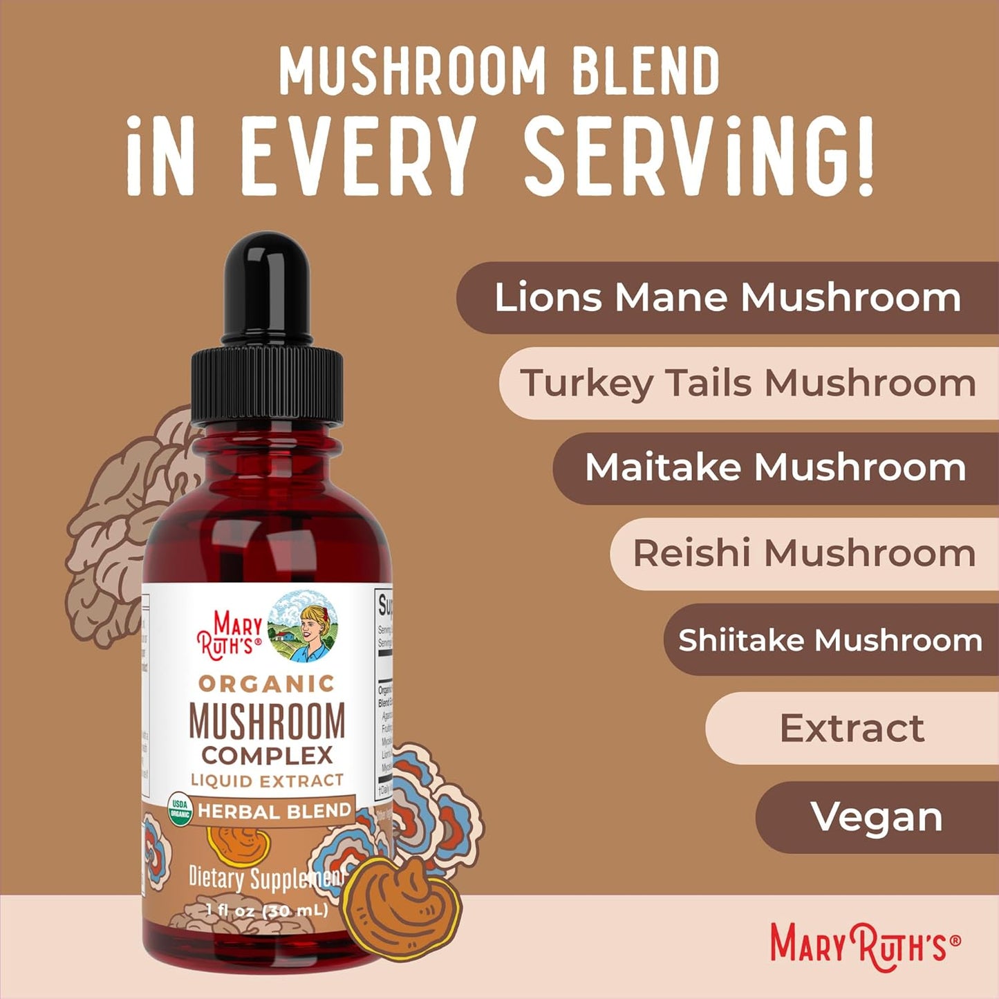 MaryRuth Organics USDA Mushroom Complex | Herbal Liquid Drops | Supplement | Lion's Mane | Reishi Mushroom | Shiitake Mushrooms | Non-GMO | Vegan | Alcohol Free Tincture | 30 Servings