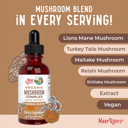 MaryRuth Organics USDA Mushroom Complex | Herbal Liquid Drops | Supplement | Lion's Mane | Reishi Mushroom | Shiitake Mushrooms | Non-GMO | Vegan | Alcohol Free Tincture | 30 Servings