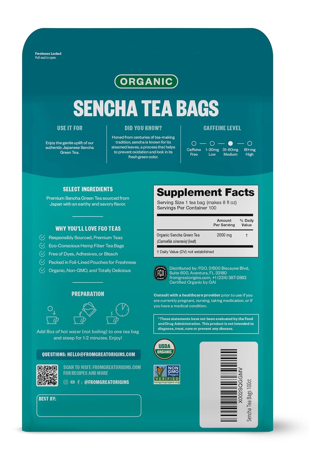 FGO Organic White Tea, Eco-Conscious Tea Bags, Packaging May Vary, 100 Count (Pack of 1)