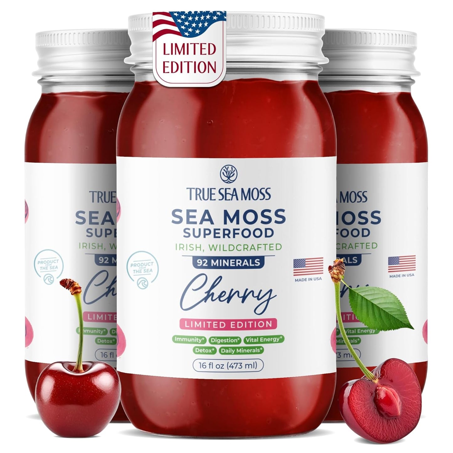 TrueSeaMoss Sea Moss Gel – Made in USA – Wildcrafted Seamoss, Fresh Fruits & Sea Vegetables – Cherry, Pack of 1 (Labels May Vary)