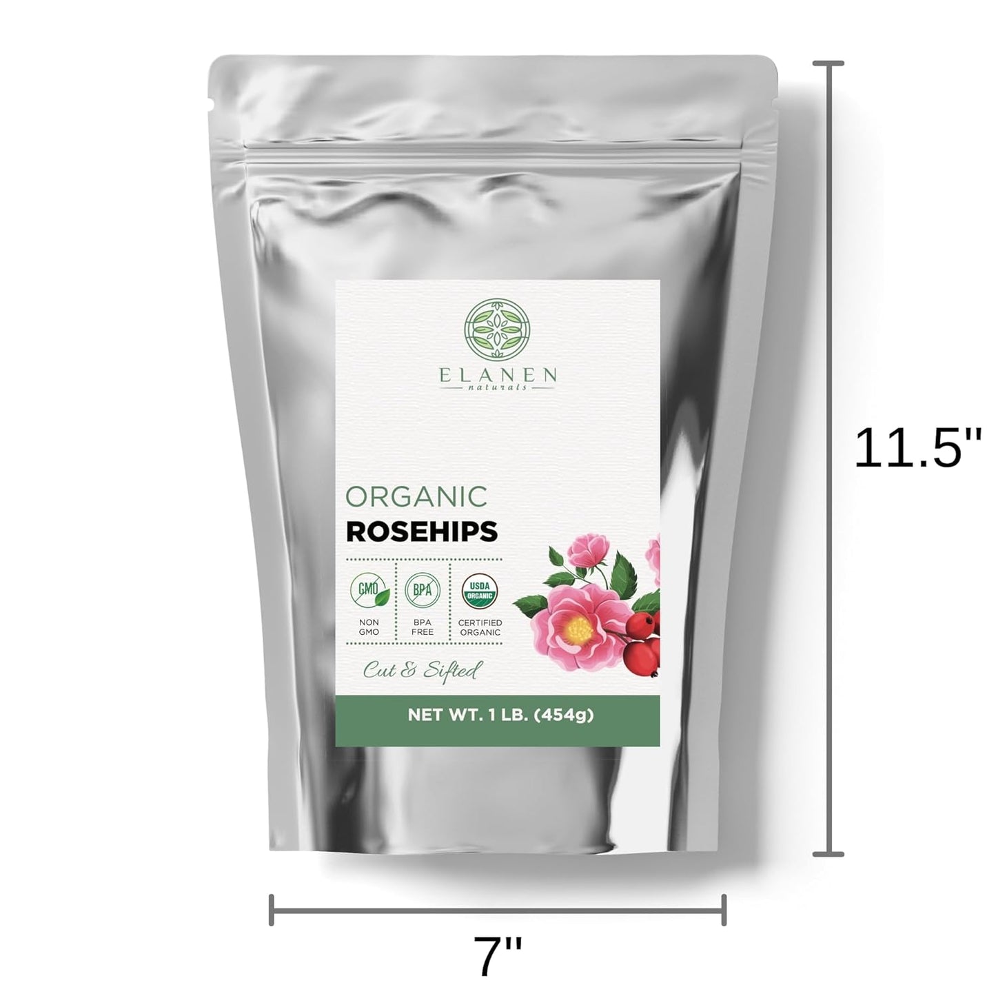 Elanen Naturals Organic Rose Hips 4 oz. (113g), USDA Certified Organic Rosehip Tea, Dried Rose Hips, Whole Rosehips Bulk, Cut & Sifted