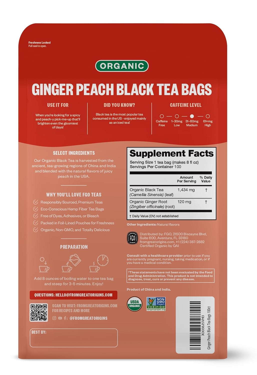 FGO Organic Nettle Leaf Tea, 100 Count, Eco-Conscious Tea Bags, Caffeine Free, Resealable Bag, Packaging May Vary (Pack of 1)