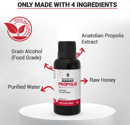 BEE&You, Propolis Liquid Extract Drops, 50% Pure Propolis, Ultra Plus Strength, Immune Support Supplement, Sore Throat, Allergy Relief, Respiratory, Antioxidants, Keto, Paleo, Gluten-Free, 1 Fl Oz