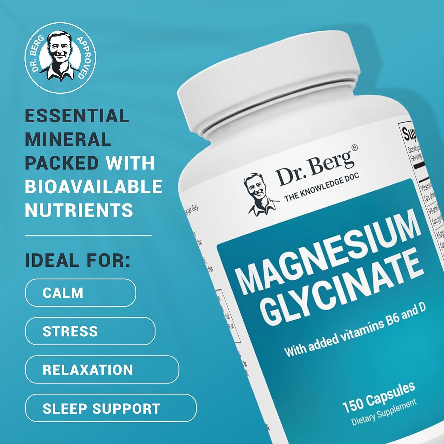 Dr. Berg Magnesium Glycinate 400 mg – Chelated Magnesium Supplement with Vitamin D and B6 for Stress Support, Relaxation, and Good Sleep – 150 Vegetable Capsules High Absorption for Overall Wellness