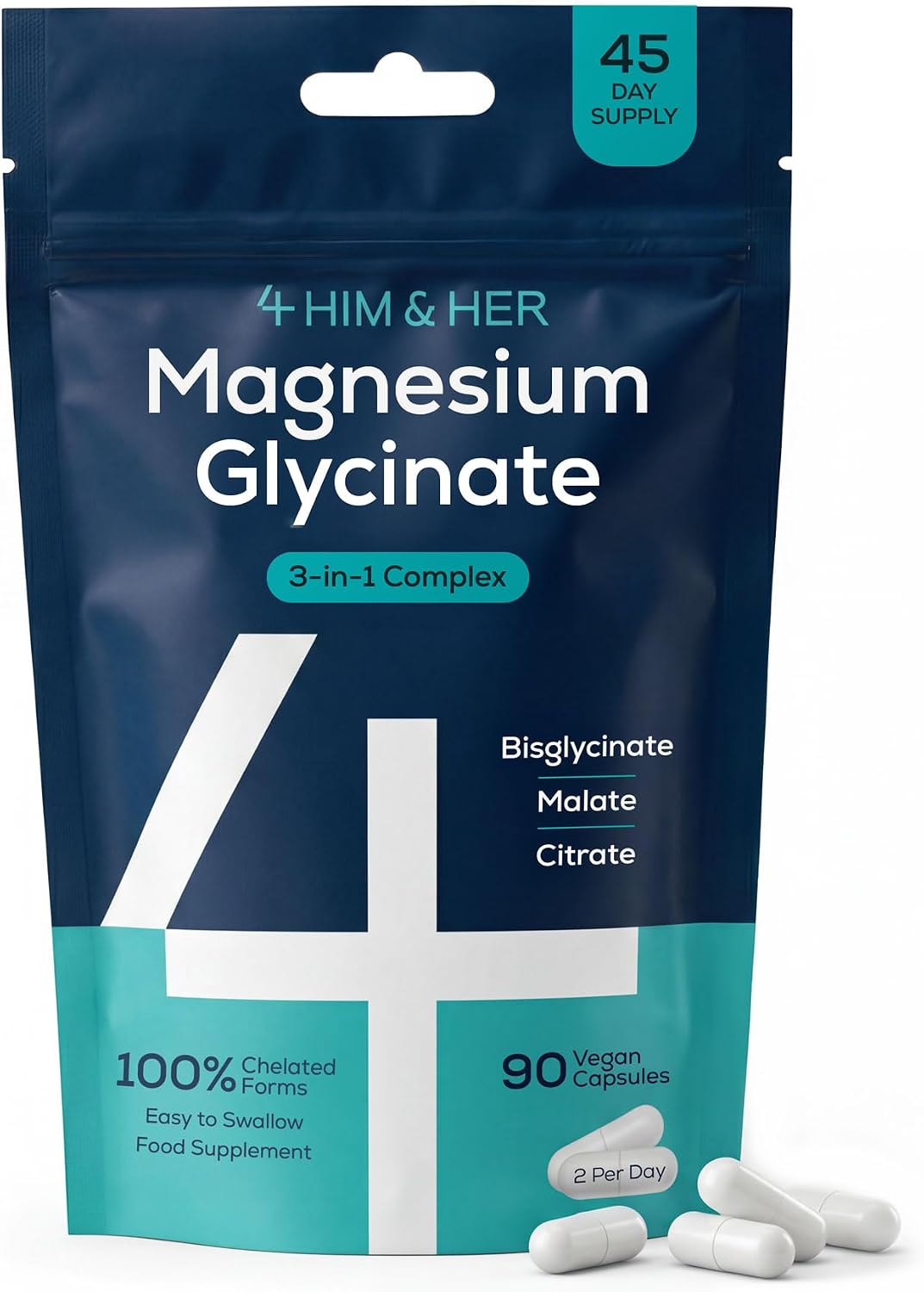 Magnesium Glycinate 3-in-1 Easy-to-Swallow Capsules for Tiredness and Muscles – 1279 mg Bisglycinate, Citrate, Malate Complex w/ B6 – Vegan, High-Strength Supplements – 90 Caps – UK Made – 4 HIM & HER