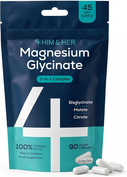 Magnesium Glycinate 3-in-1 Easy-to-Swallow Capsules for Tiredness and Muscles – 1279 mg Bisglycinate, Citrate, Malate Complex w/ B6 – Vegan, High-Strength Supplements – 90 Caps – UK Made – 4 HIM & HER