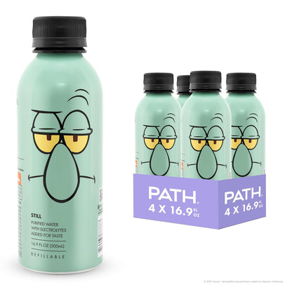 PATH Still Water Ultra-Purified, pH-Balanced, Locally Sourced – Squidward Edition Aluminum Bottle – BPA-Free, Reusable, Infinitely Recyclable 16.9 fl oz (Pack of 4)