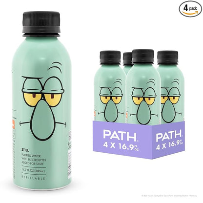 PATH Still Water Ultra-Purified, pH-Balanced, Locally Sourced – Squidward Edition Aluminum Bottle – BPA-Free, Reusable, Infinitely Recyclable 16.9 fl oz (Pack of 4)