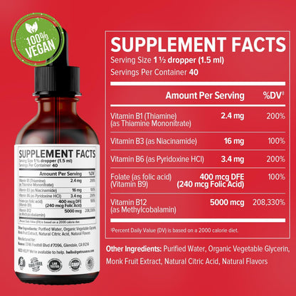 Vitamin B12 and B6 Liquid Drops, B12 Sublingual Vitamin B Complex - B 12 Vitamin 5000mcg - B12 Methylcobalamin for Energy, Brain, and Heart Support with 27,200 mcg, Raspberry, 40 Servings