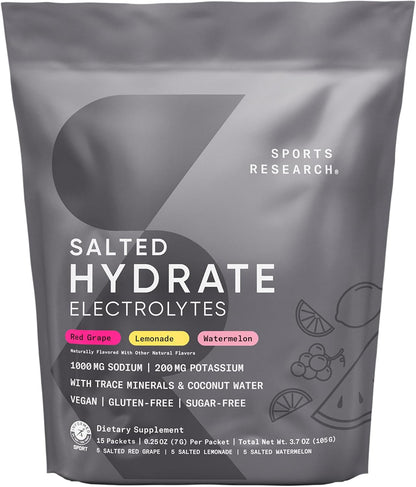Sports Research® Hydrate Electrolytes Powder Packets - Sugar-Free & Naturally Flavored with Vitamins, Minerals, and Coconut Water - Supports Hydration - 16 Packets - Variety Pack | Sugar-Free