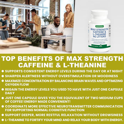 Max Strength Caffeine L Theanine Pills (200mg/500mg) - No Jitters Peak Energy, Focus, Performance, Alertness - Caffeine Pills & L-Theanine Capsules, No Crash & Drowsiness, Potent Supplement.