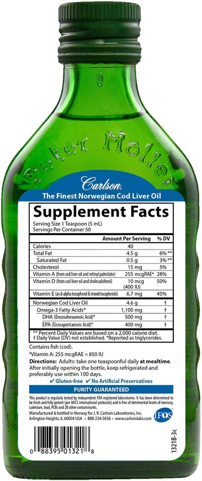 Carlson - Cod Liver Oil, 1100 mg Omega-3s, Plus Vitamins A and D3, Wild Caught Norwegian Arctic Cod Liver Oil, Sustainably Sourced Nordic Fish Oil Liquid, Unflavored, 250 mL (8.4 Fl Oz)