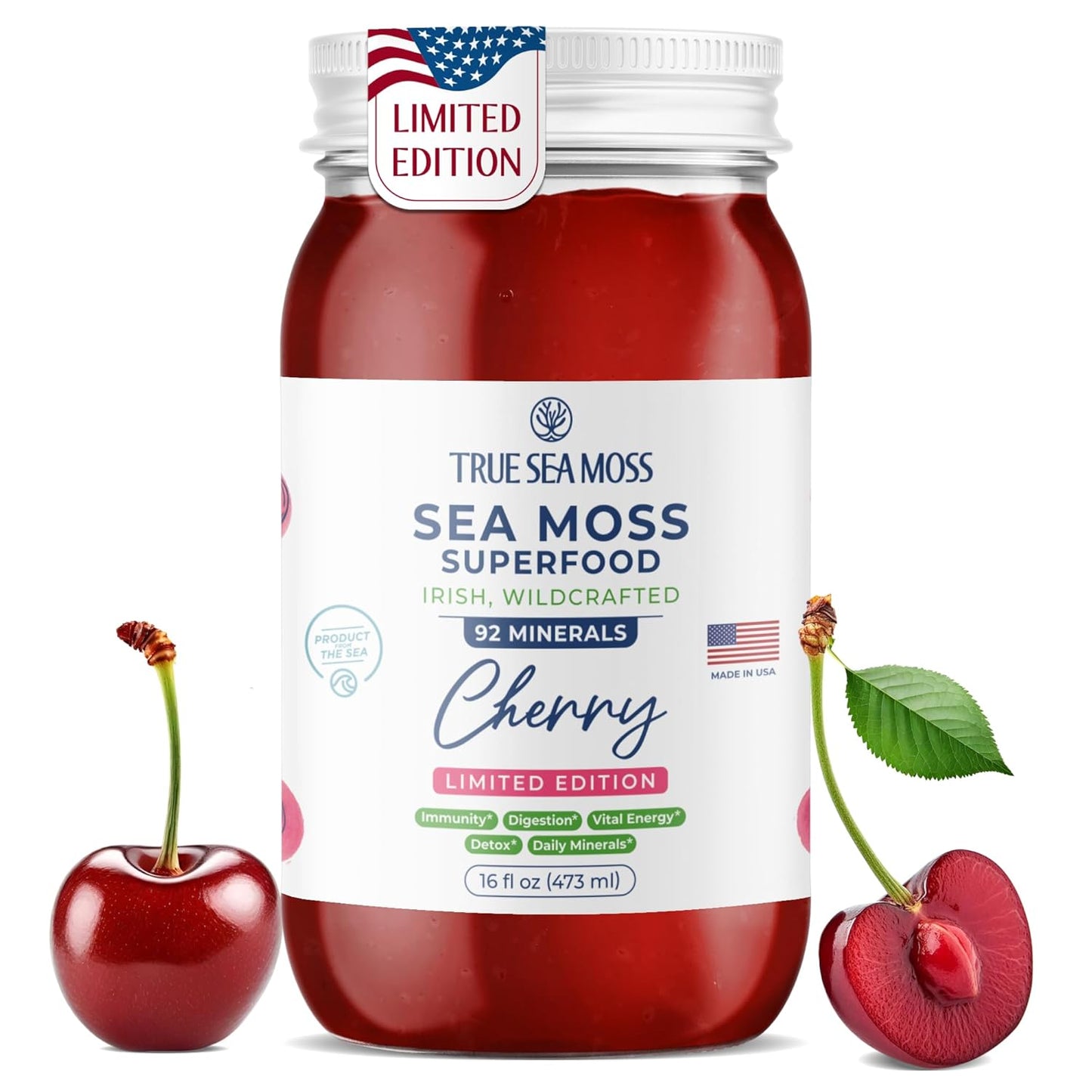 TrueSeaMoss Sea Moss Gel – Made in USA – Wildcrafted Seamoss, Fresh Fruits & Sea Vegetables – Cherry, Pack of 1 (Labels May Vary)