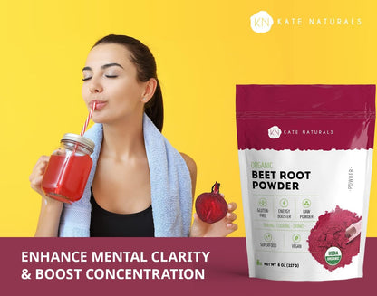 Kate Naturals Beet Root Powder Organic for Smoothie & Energy Boost. Nitric Oxide Supplement for Workout (8oz, Earth Flavor, Mix with Juice Easily)