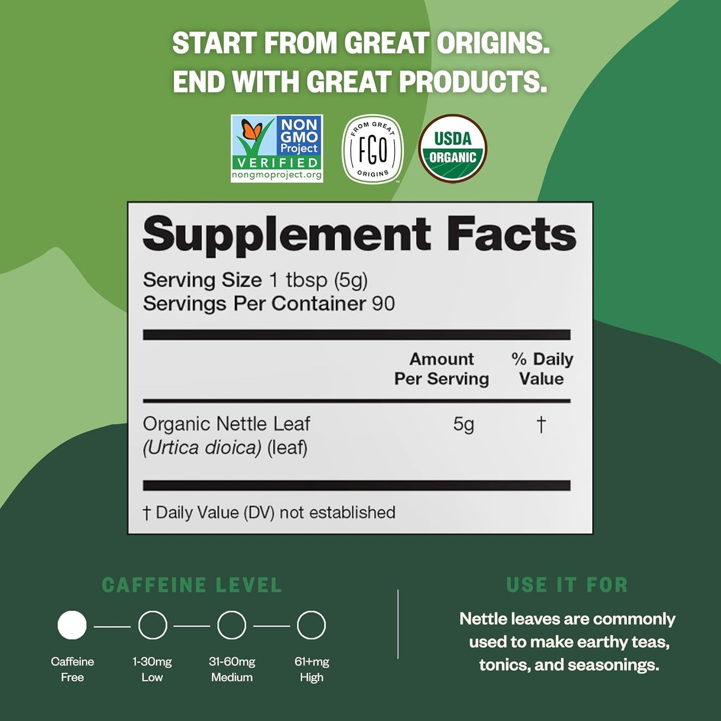 FGO Organic Nettle Leaf Tea, 100 Count, Eco-Conscious Tea Bags, Caffeine Free, Resealable Bag, Packaging May Vary (Pack of 1)
