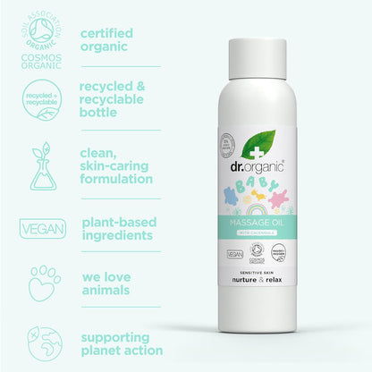 Dr Organic Baby Massage Oil with Calendula, Sensitive Skin, Soothing & Bonding Massage, Dermatologically Tested, Natural, Vegan, Cruelty-Free, Paraben & SLS Free, Certified Organic, 150ml