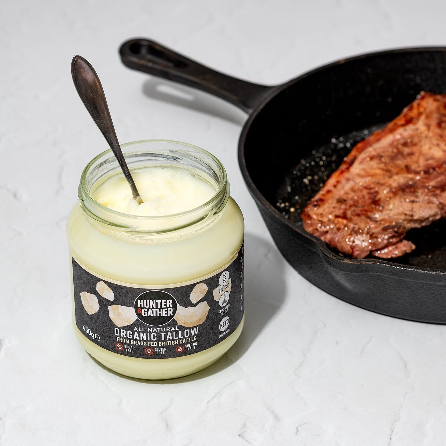 Hunter & Gather Organic Beef Tallow from Grass Fed British Cows 300g | Gluten Free, Seed Oil Free | Keto, Low Carb, Paleo I Ancestrally Inspired Nutrition I Simply 1 Ingredient I Glass Jar