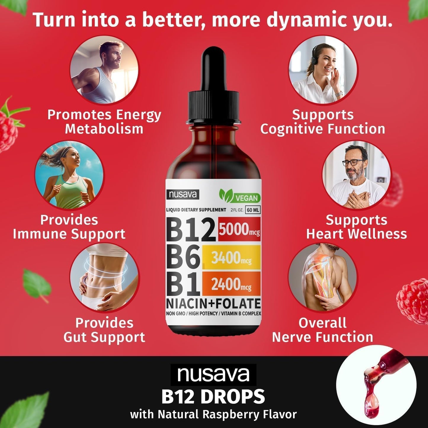 Vitamin B12 and B6 Liquid Drops, B12 Sublingual Vitamin B Complex - B 12 Vitamin 5000mcg - B12 Methylcobalamin for Energy, Brain, and Heart Support with 27,200 mcg, Raspberry, 40 Servings