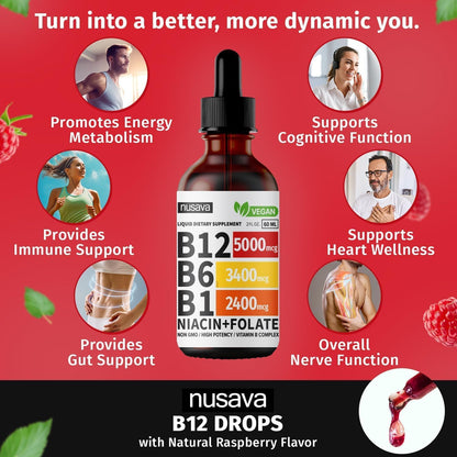Vitamin B12 and B6 Liquid Drops, B12 Sublingual Vitamin B Complex - B 12 Vitamin 5000mcg - B12 Methylcobalamin for Energy, Brain, and Heart Support with 27,200 mcg, Raspberry, 40 Servings