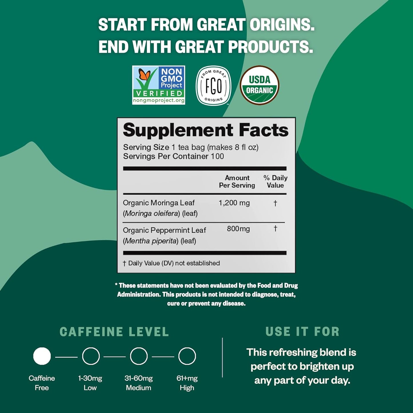 FGO Organic Nettle Leaf Tea, 100 Count, Eco-Conscious Tea Bags, Caffeine Free, Resealable Bag, Packaging May Vary (Pack of 1)