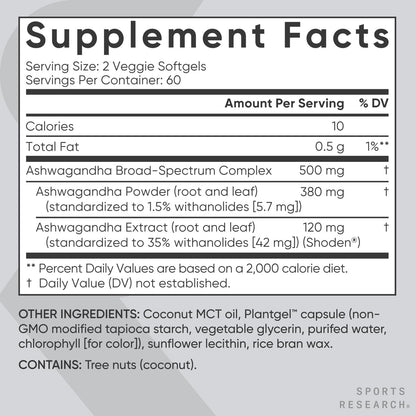 Sports Research® Ashwagandha Softgels with Coconut MCT Oil - Natural Ayurvedic Adaptogen Made with Shoden® Ashwa for Relaxation, Calm & Sleep Support - Gluten Free & Vegan Friendly - 120 Count