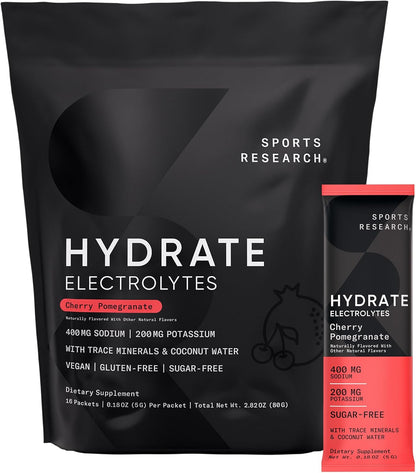 Sports Research® Hydrate Electrolytes Powder Packets - Sugar-Free & Naturally Flavored with Vitamins, Minerals, and Coconut Water - Supports Hydration - 16 Packets - Variety Pack | Sugar-Free