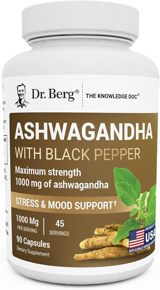 DR. BERG NUTRITIONALS Dr. Berg's Ashwagandha with Black Pepper Supplement - Capsules for Mood & Stress Support, Energy, Joint, Thyroid Immune System 1500mg Organic Supplements 90