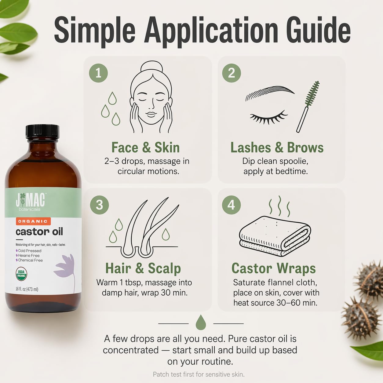 J MAC BOTANICALS Organic Castor Oil Cold Pressed in Amber Glass Bottle (4oz, NO DROPPER) USDA Certified, Hexane Free - Moisturizing Oil for Hair, Skin, Face, Eyelashes, Brows, Nails, and Castor Wraps
