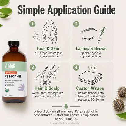J MAC BOTANICALS Organic Castor Oil Cold Pressed in Amber Glass Bottle (4oz, NO DROPPER) USDA Certified, Hexane Free - Moisturizing Oil for Hair, Skin, Face, Eyelashes, Brows, Nails, and Castor Wraps