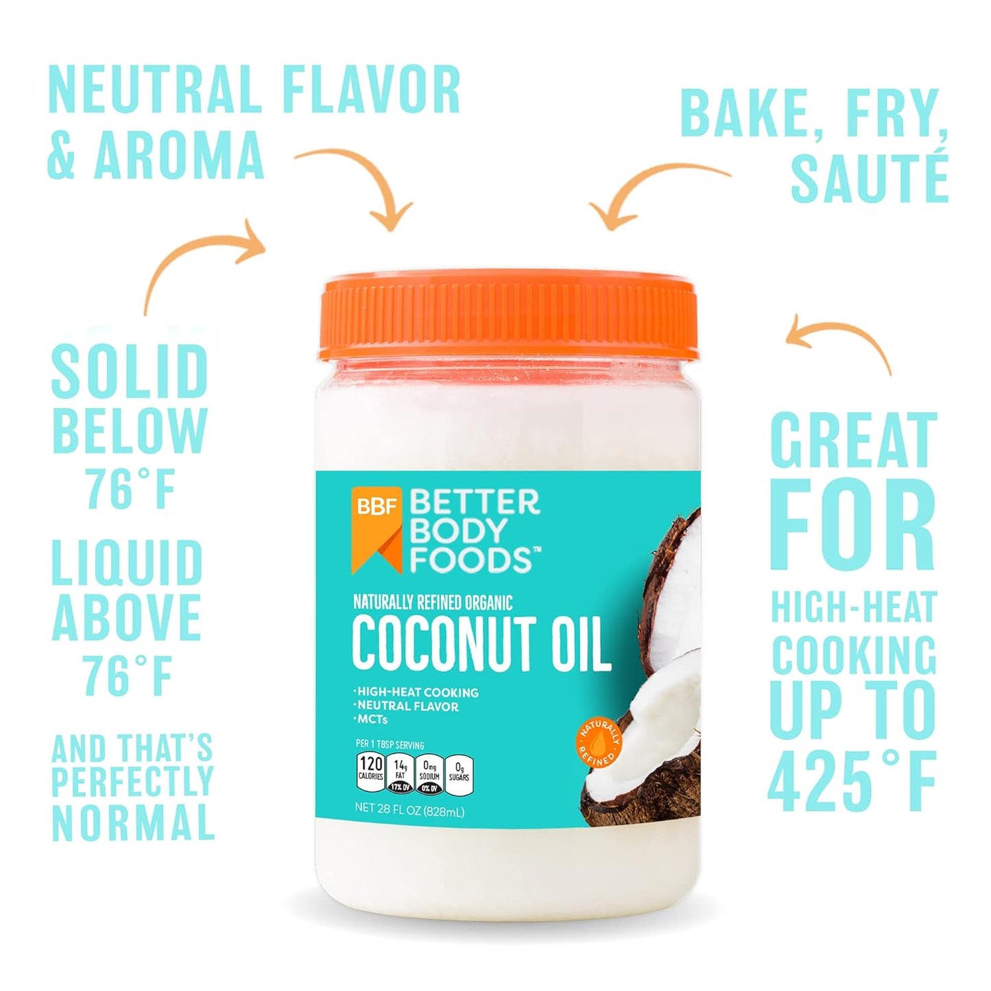 BetterBody Foods Organic, Naturally Refined Coconut Oil , All Purpose Oil for Cooking, Baking, Hair and Skin Care