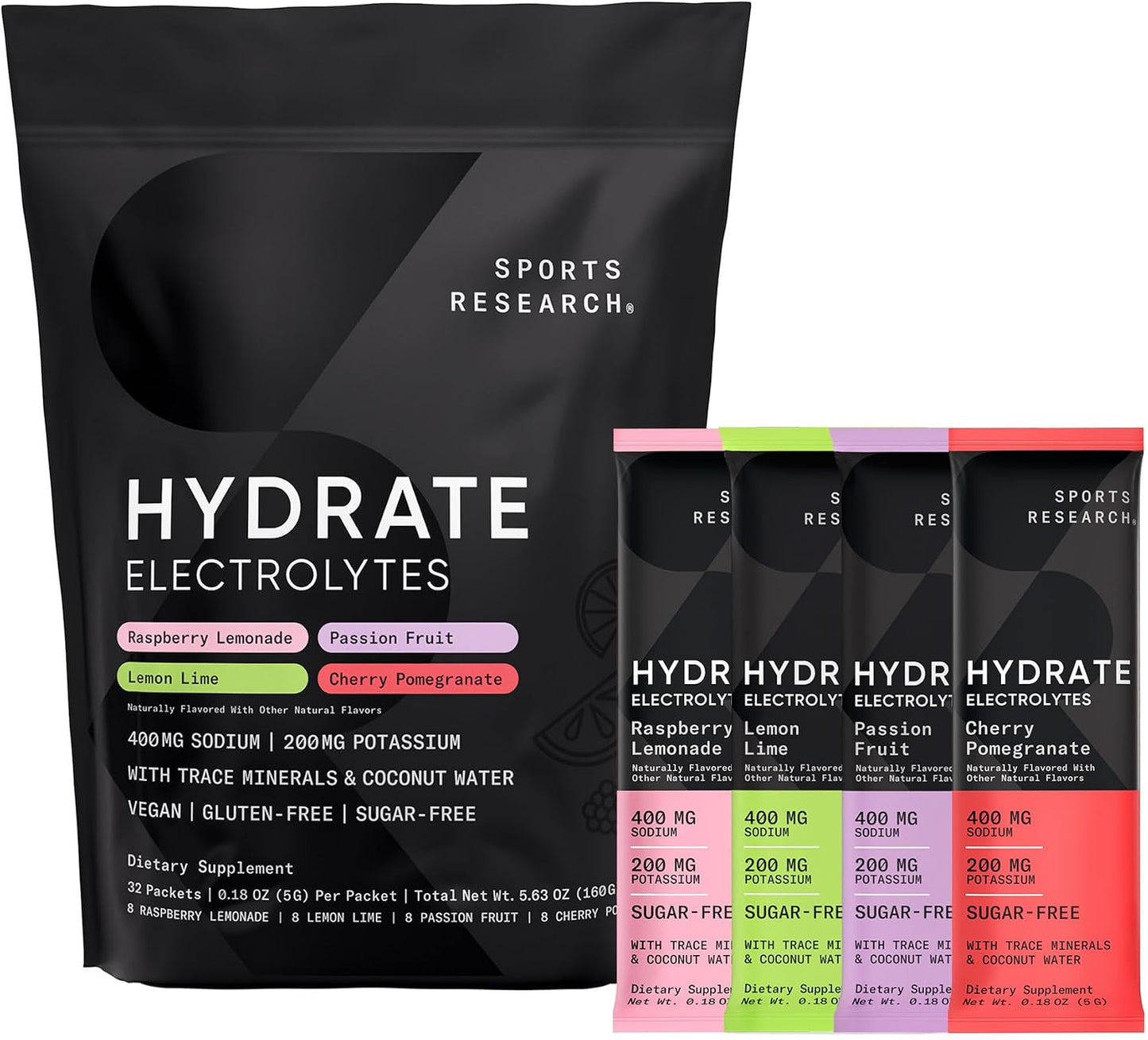 Sports Research® Hydrate Electrolytes Powder Packets - Sugar-Free & Naturally Flavored with Vitamins, Minerals, and Coconut Water - Supports Hydration - 16 Packets - Variety Pack | Sugar-Free