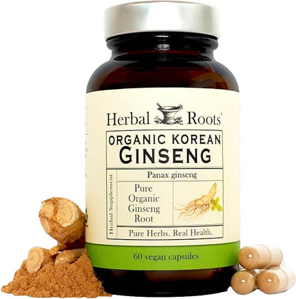 Herbal Roots Panax Ginseng - Organic Korean Ginseng Root Powder - 1000mg - High Ginsenosides for Energy, Focus & Performance - 60 Vegan Capsules Made in The USA
