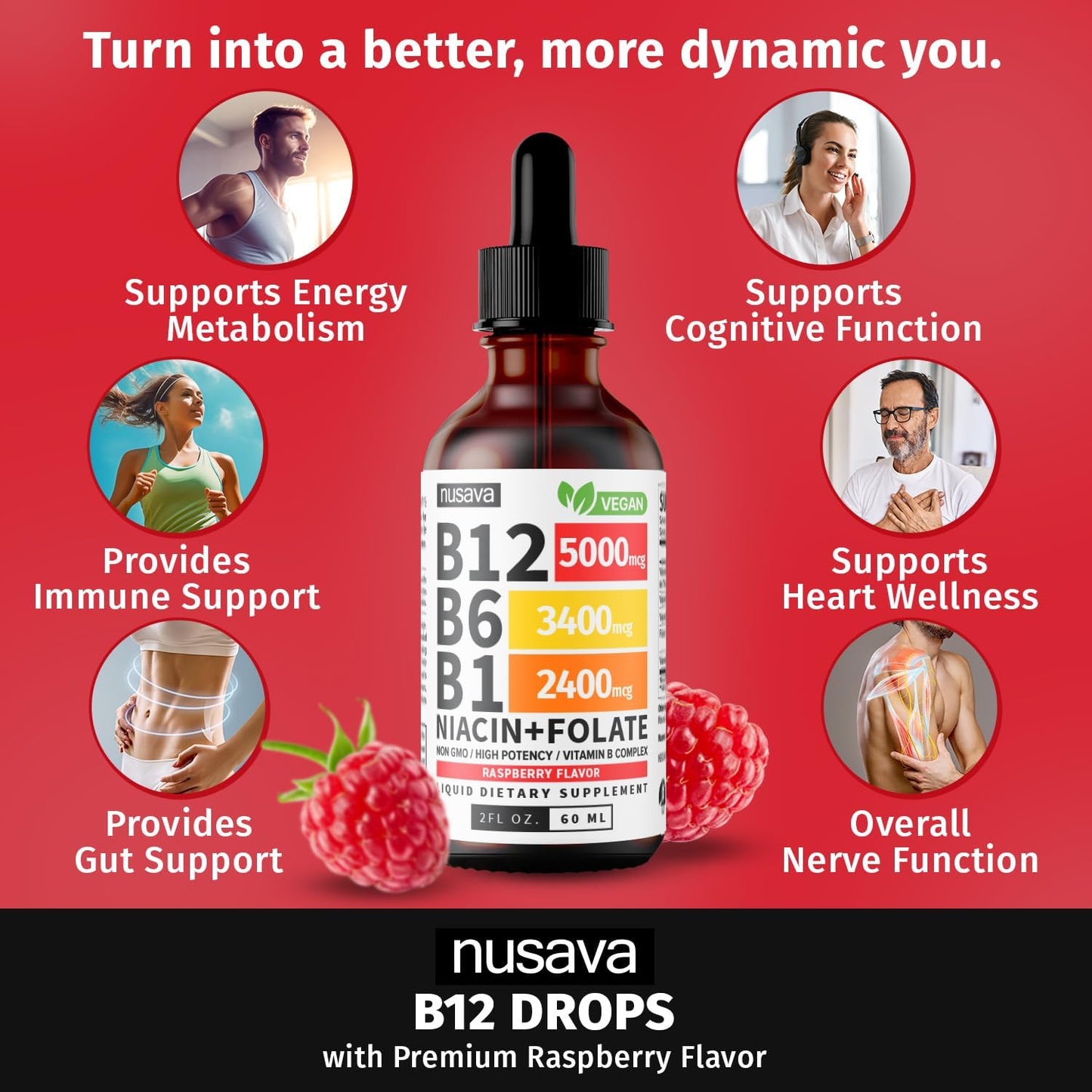 Vitamin B12 and B6 Liquid Drops, B12 Sublingual Vitamin B Complex - B 12 Vitamin 5000mcg - B12 Methylcobalamin for Energy, Brain, and Heart Support with 27,200 mcg, Raspberry, 40 Servings