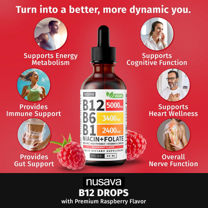 Vitamin B12 and B6 Liquid Drops, B12 Sublingual Vitamin B Complex - B 12 Vitamin 5000mcg - B12 Methylcobalamin for Energy, Brain, and Heart Support with 27,200 mcg, Raspberry, 40 Servings