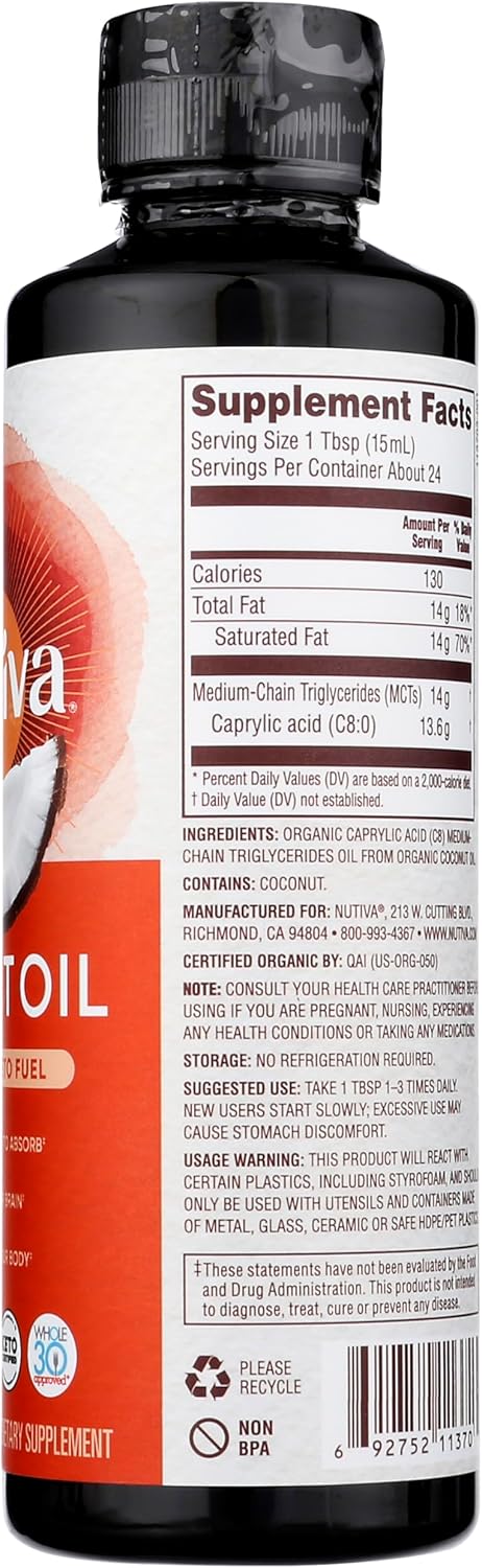 Nutiva Organic MCT Oil C8. 12 Fl Oz. Unflavored Medium Chain Triglycerides from Non-GMO Coconut. Ultimate Keto Fuel, Pure MCT Oil for Coffee, Low Carb, Energy and Metabolism Support