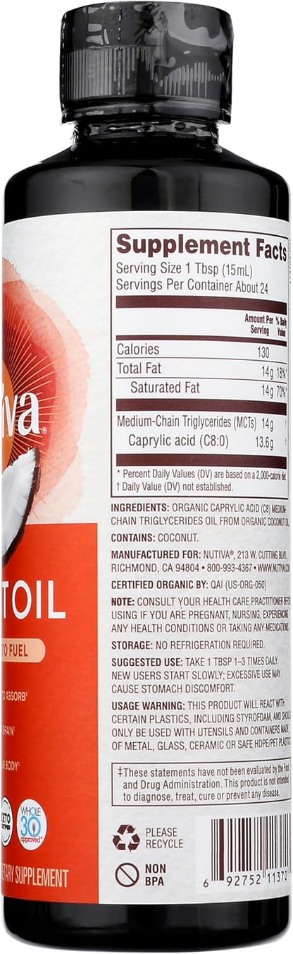 Nutiva Organic MCT Oil C8. 12 Fl Oz. Unflavored Medium Chain Triglycerides from Non-GMO Coconut. Ultimate Keto Fuel, Pure MCT Oil for Coffee, Low Carb, Energy and Metabolism Support