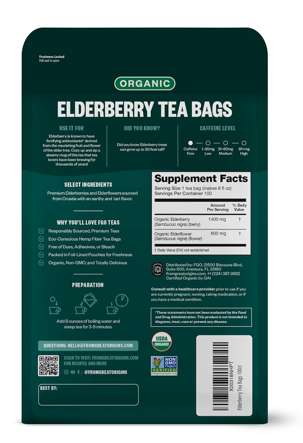 FGO Organic White Tea, Eco-Conscious Tea Bags, Packaging May Vary, 100 Count (Pack of 1)